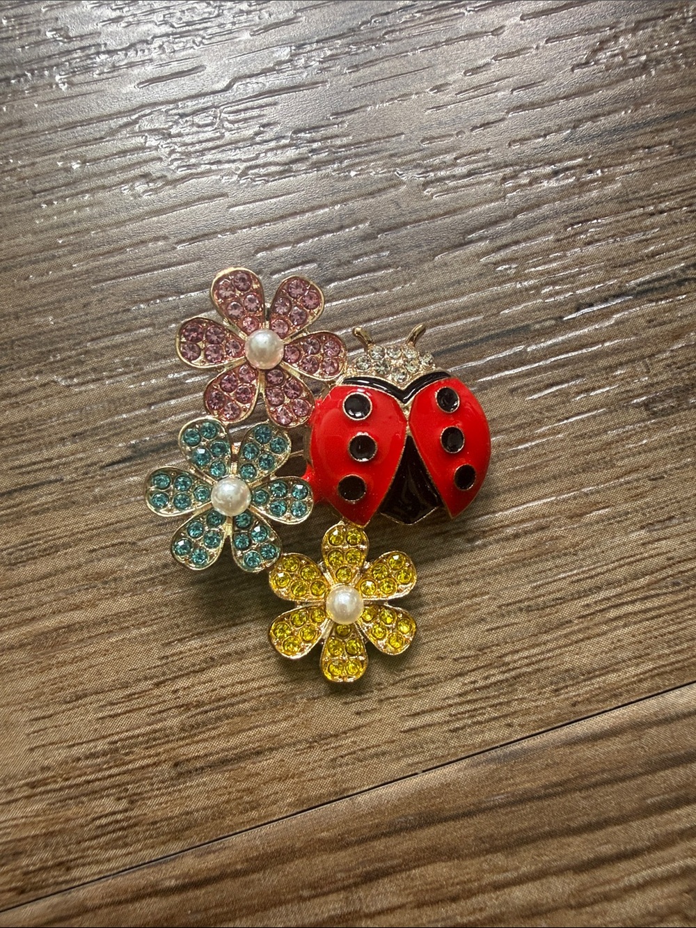 NWT Ladybug and Flowers Rhinestone Brooch Pin Colorful Enamel
